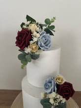 Load image into Gallery viewer, Dusty Blue &amp; Burgundy Rose Cake Topper: Wedding Christening Flower Arrangement
