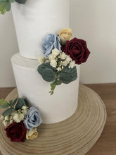 Load image into Gallery viewer, Dusty Blue &amp; Burgundy Rose Cake Topper: Wedding Christening Flower Arrangement
