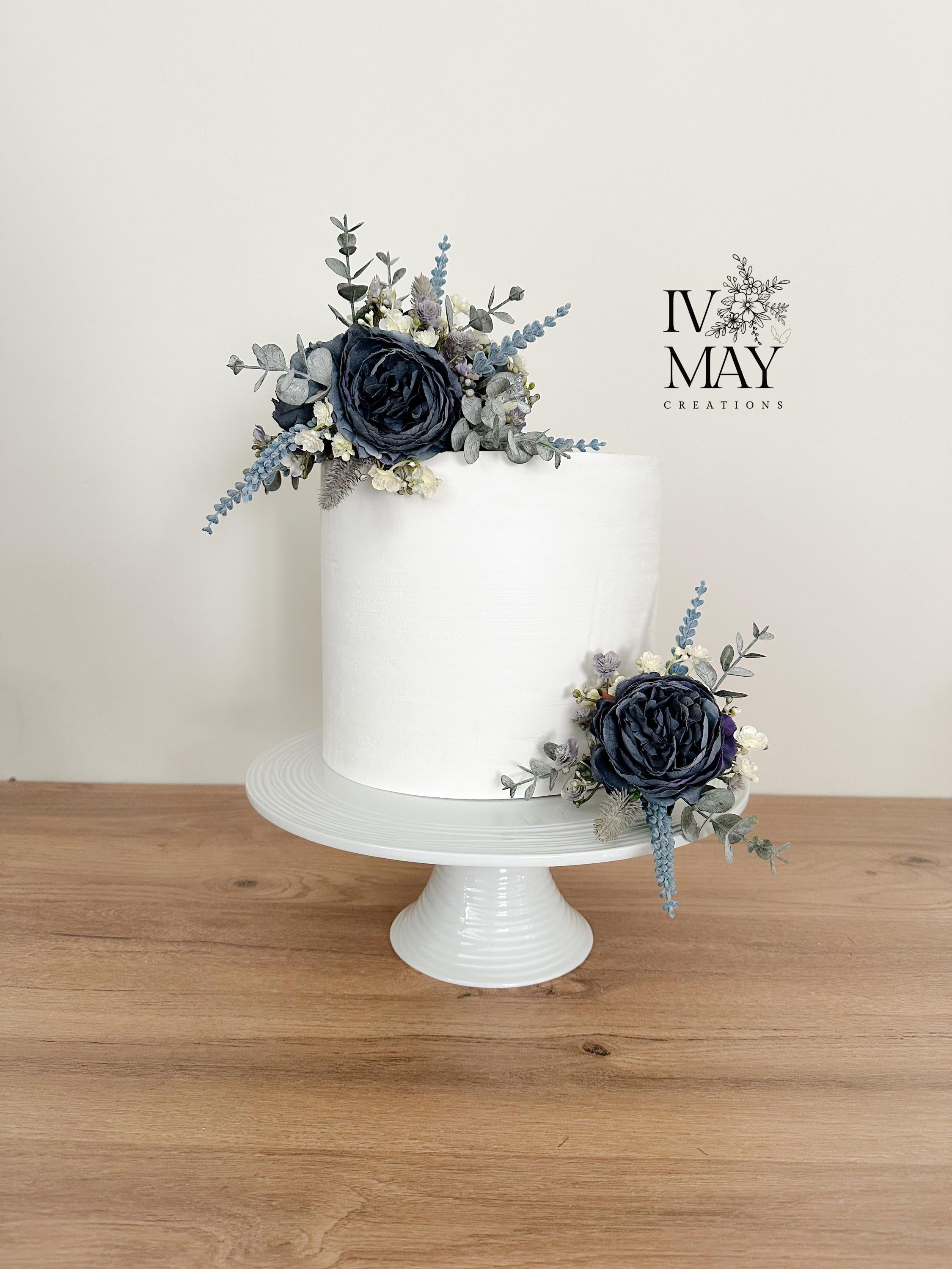Dusty Blue Navy Blue - Eucalyptus - gypsophila Wedding Cake - christening cake - flower arrangement - cake topper - Birthday