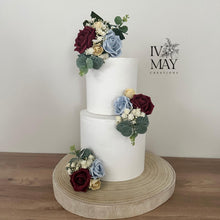 Load image into Gallery viewer, Dusty Blue Burgundy &amp; pale gold Wedding christening cake flower arrangement topper mini eucalyptus roses more colours available
