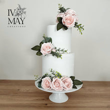Load image into Gallery viewer, FULL SET Wedding Christening Cake Flower Arrangement Topper Decorations foam roses eucalyptus Blush Pink
