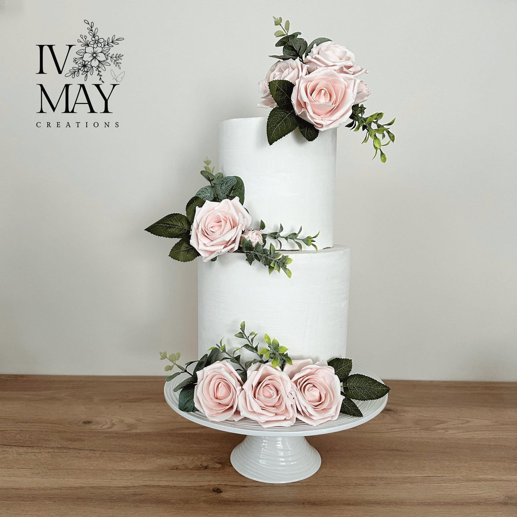 FULL SET Wedding Christening Cake Flower Arrangement Topper Decorations foam roses eucalyptus Blush Pink