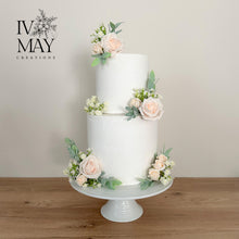 Load image into Gallery viewer, FULL SET pale Blush pink cream gypsophila eucalyptus leaf cake topper wedding decorations floral arrangement - Custom Colours available
