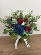 Load image into Gallery viewer, Burgundy &amp; Navy Wedding Bouquet: Dark Green Eucalyptus, Foam Roses
