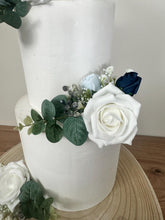 Load image into Gallery viewer, DUSTY BLUE NAVY Wedding christening cake flower arrangement topper mini eucalyptus roses more colours available
