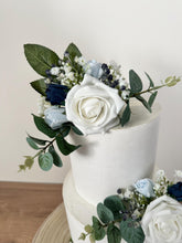 Load image into Gallery viewer, DUSTY BLUE NAVY Wedding christening cake flower arrangement topper mini eucalyptus roses more colours available
