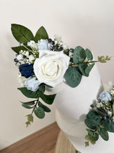 Load image into Gallery viewer, DUSTY BLUE NAVY Wedding christening cake flower arrangement topper mini eucalyptus roses more colours available
