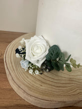 Load image into Gallery viewer, DUSTY BLUE NAVY Wedding christening cake flower arrangement topper mini eucalyptus roses more colours available
