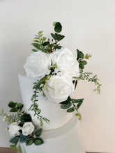 Load image into Gallery viewer, FULL SET cake flowers - Artificial Silk cake flowers - White roses - gypsophila eucalyptus leaf wedding decorations floral arrangement
