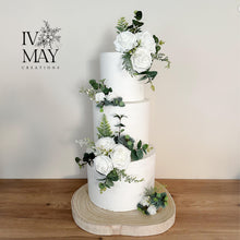 Load image into Gallery viewer, FULL SET cake flowers - Artificial Silk cake flowers - White roses - gypsophila eucalyptus leaf wedding decorations floral arrangement
