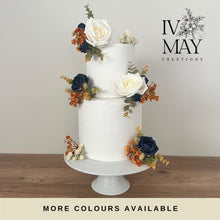 Load image into Gallery viewer, Cake Flowers - Wedding Cake Flowers - Cake Topper - Burnt Orange - Navy Blue - Cream Christening / Birthday cake decoration
