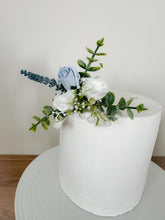 Load image into Gallery viewer, FULL SET Dusty blue and lavender gypsophila eucalyptus leaf cake topper wedding decorations floral arrangement - Custom Colours available
