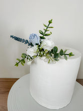 Load image into Gallery viewer, Dusty Blue Rose Cake Topper: Gypsophila &amp; Eucalyptus Wedding Floral Arrangement
