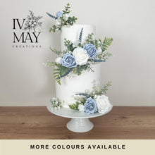 Load image into Gallery viewer, Dusty Blue Rose Cake Topper: Gypsophila &amp; Eucalyptus Wedding Floral Arrangement
