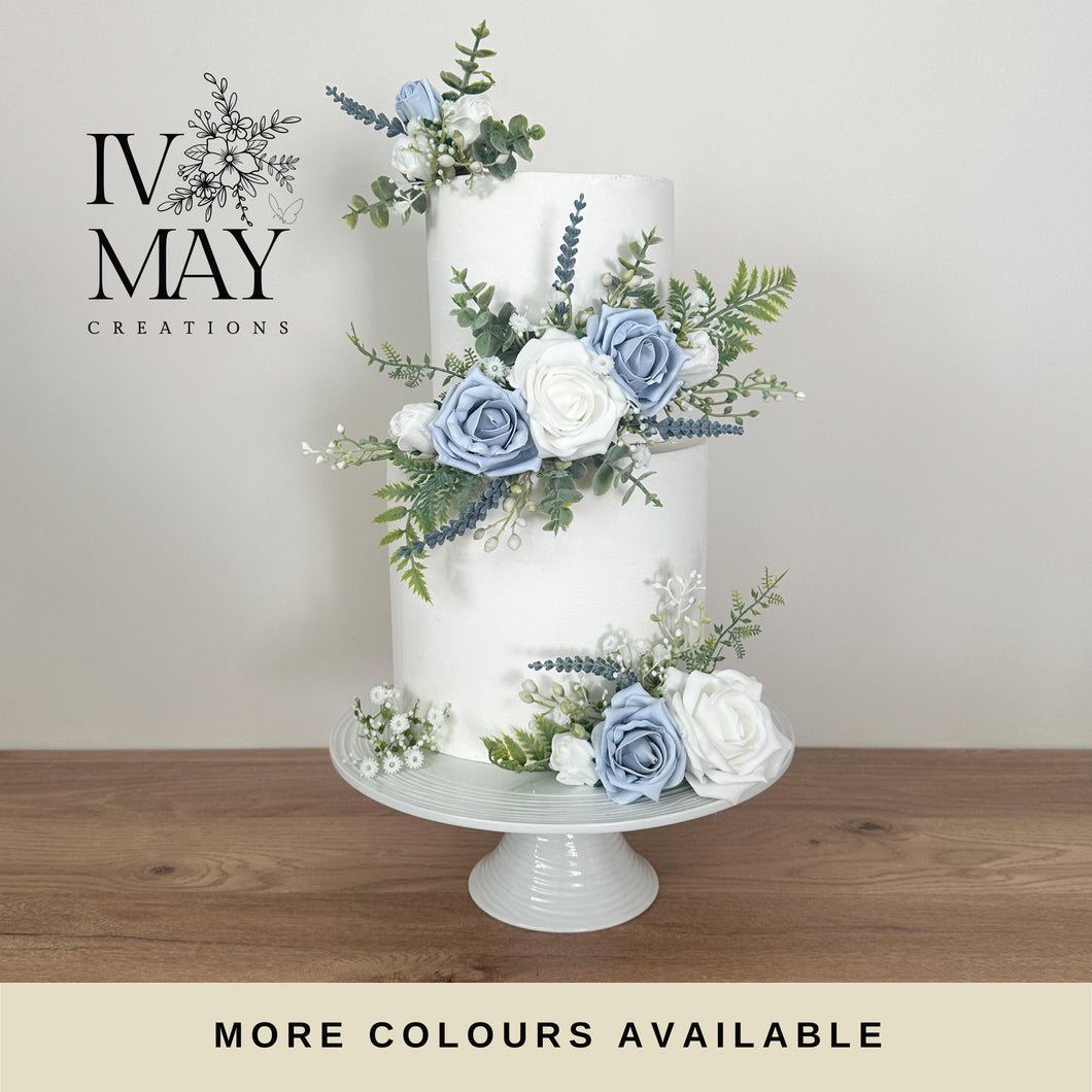 FULL SET Dusty blue and lavender gypsophila eucalyptus leaf cake topper wedding decorations floral arrangement - Custom Colours available