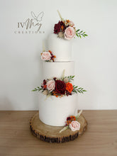 Load image into Gallery viewer, Wedding Cake Flower Arrangement: Blush Pink, Burgundy &amp; Burnt Orange Roses
