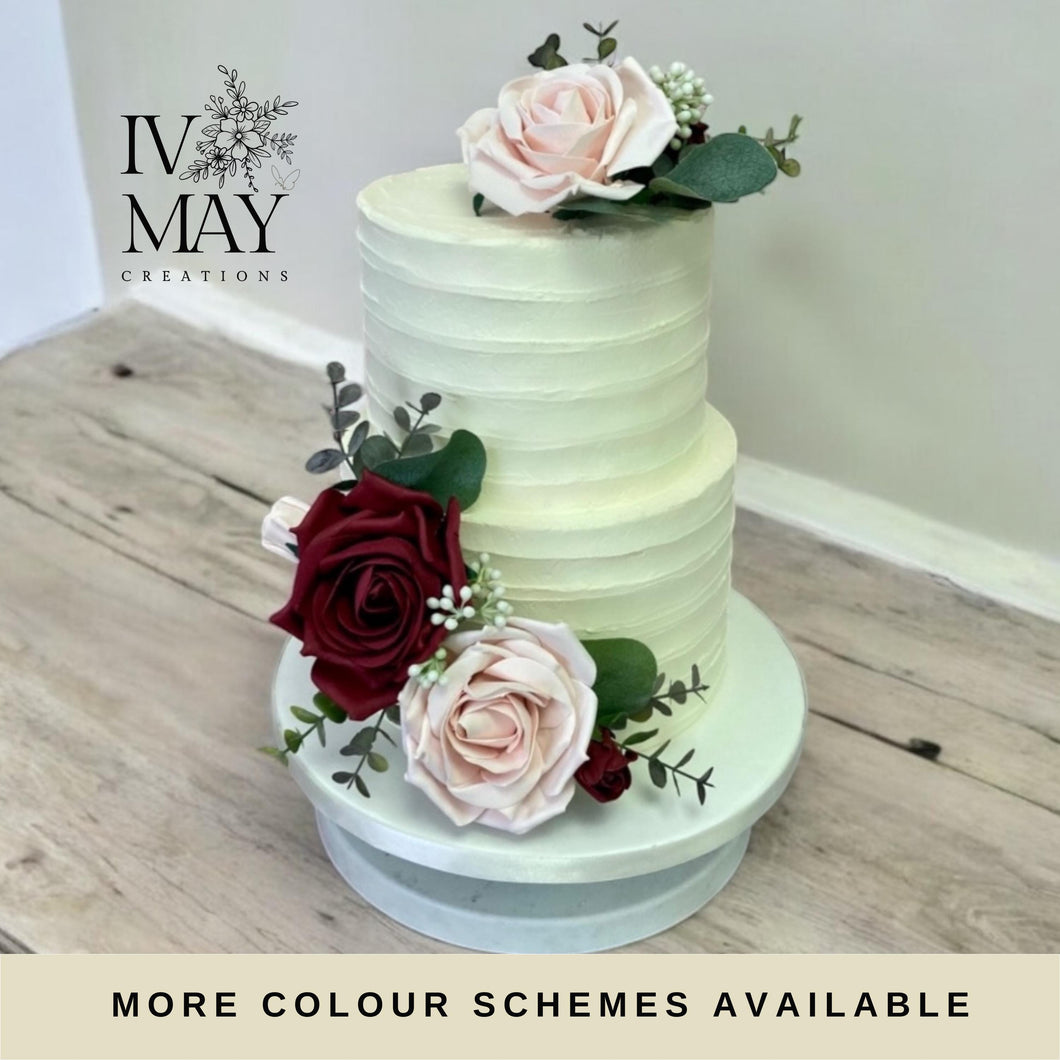 FULL SET Wedding Christening Cake Flower Arrangement Topper & Decorations Roses - Burgundy - Blush Pink