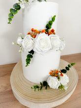 Load image into Gallery viewer, FULL SET White and Burnt Orange gypsophila eucalyptus leaf cake topper wedding decorations floral arrangement - Custom Personalised Topper

