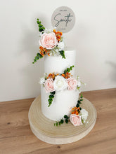 Load image into Gallery viewer, White Blush Pink Burnt Orange gypsophila eucalyptus leaf cake topper wedding decorations floral arrangement - Custom Personalised Topper
