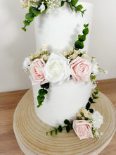 Load image into Gallery viewer, White Blush Pink and Cream gypsophila eucalyptus leaf cake topper wedding decorations floral arrangement - Custom Personalised Topper
