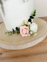 Load image into Gallery viewer, White Blush Pink and Cream gypsophila eucalyptus leaf cake topper wedding decorations floral arrangement - Custom Personalised Topper
