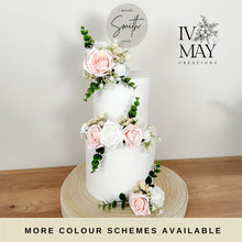 Load image into Gallery viewer, White Blush Pink and Cream gypsophila eucalyptus leaf cake topper wedding decorations floral arrangement - Custom Personalised Topper
