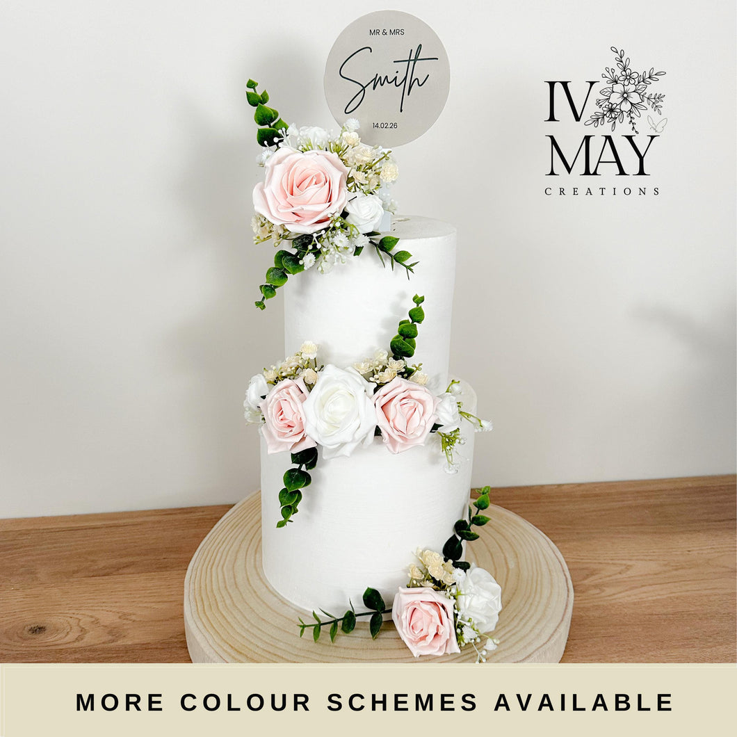 White Blush Pink and Cream gypsophila eucalyptus leaf cake topper wedding decorations floral arrangement - Custom Personalised Topper