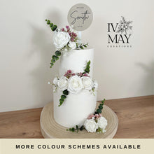 Load image into Gallery viewer, FULL SET White  and Mauve Purple gypsophila eucalyptus leaf cake topper wedding decorations floral arrangement - Custom Personalised Topper
