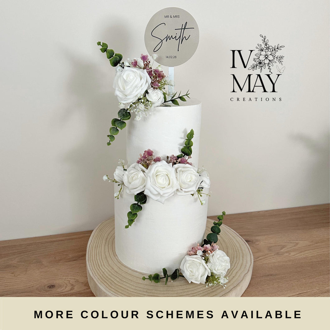 FULL SET White  and Mauve Purple gypsophila eucalyptus leaf cake topper wedding decorations floral arrangement - Custom Personalised Topper