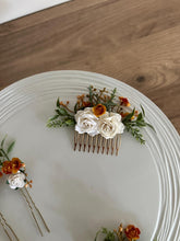 Load image into Gallery viewer, Wedding Hair accessories and Corsage - Hair Flowers - Green Cream / Ivory and Burnt Orange Hair Comb - Bobby Pin - Hair Grips - Prom
