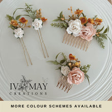 Load image into Gallery viewer, Wedding Hair accessories and Corsage - Hair Flowers - Green Cream / Ivory Blush pink Burnt Orange Hair Comb - Bobby Pin - Hair Grips - Prom
