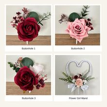 Load image into Gallery viewer, Blush Pink Wedding Bouquet: Silk Burgundy Roses, Sage Green Foliage
