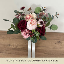 Load image into Gallery viewer, Blush Pink Wedding Bouquet: Silk Burgundy Roses, Sage Green Foliage
