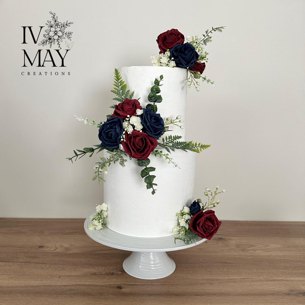 Artificial Foam cake flowers - Burgundy Red - Navy Blue gypsophila eucalyptus leaf wedding decorations floral arrangement