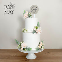 Load image into Gallery viewer, FULL SET pale Blush pink cream gypsophila eucalyptus leaf cake topper wedding decorations floral arrangement - Custom Colours available
