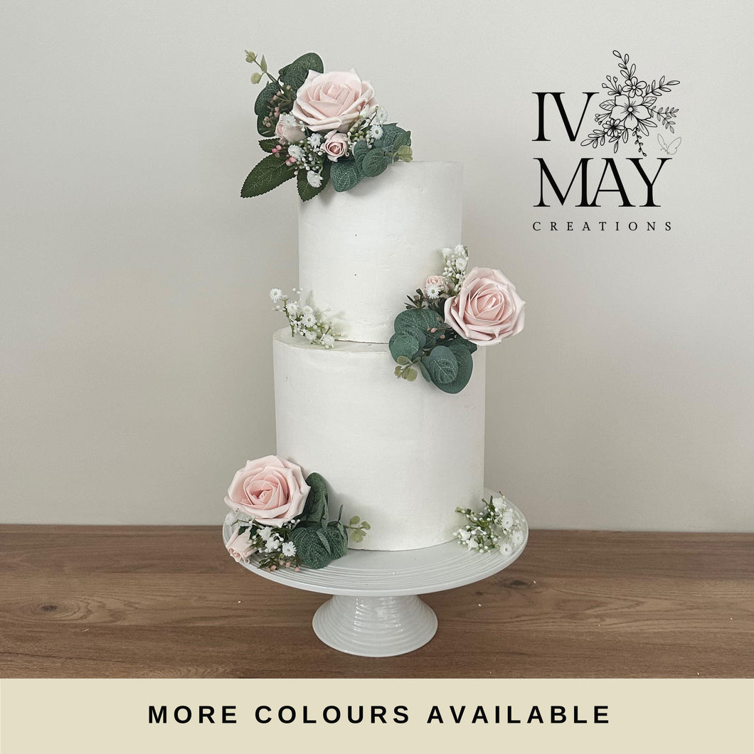 Blush pink Wedding christening cake flower arrangement topper mini eucalyptus roses more colours available