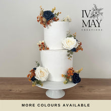 Load image into Gallery viewer, Cake Flowers - Wedding Cake Flowers - Cake Topper - Burnt Orange - Navy Blue - Cream Christening / Birthday cake decoration
