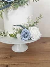 Load image into Gallery viewer, FULL SET Dusty blue and lavender gypsophila eucalyptus leaf cake topper wedding decorations floral arrangement - Custom Colours available
