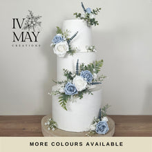Load image into Gallery viewer, FULL SET Dusty blue and lavender gypsophila eucalyptus leaf cake topper wedding decorations floral arrangement - Custom Colours available
