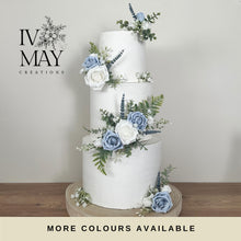 Load image into Gallery viewer, Dusty Blue Rose Cake Topper: Gypsophila &amp; Eucalyptus Wedding Floral Arrangement
