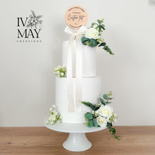 Load image into Gallery viewer, Custom Wedding Cake Topper: Green Eucalyptus &amp; Cream Floral Arrangement
