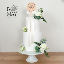 Load image into Gallery viewer, Personalized Wood Cake Topper: Custom Text, Bow &amp; Floral Decoration
