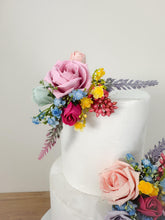 Load image into Gallery viewer, Foam Rose Cake Flower Arrangement: Dusty Blue &amp; Pink Wedding Decor
