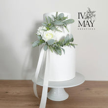 Load image into Gallery viewer, Personalized Wedding Cake Topper Set: Cream Silk Roses &amp; Garland
