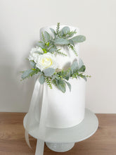 Load image into Gallery viewer, Personalized Wedding Cake Topper Set: Cream Silk Roses &amp; Garland
