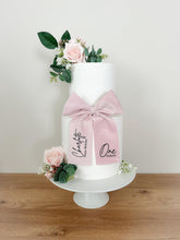Load image into Gallery viewer, Blush Pink Cake Topper Set: Floral &amp; Personalized Bow
