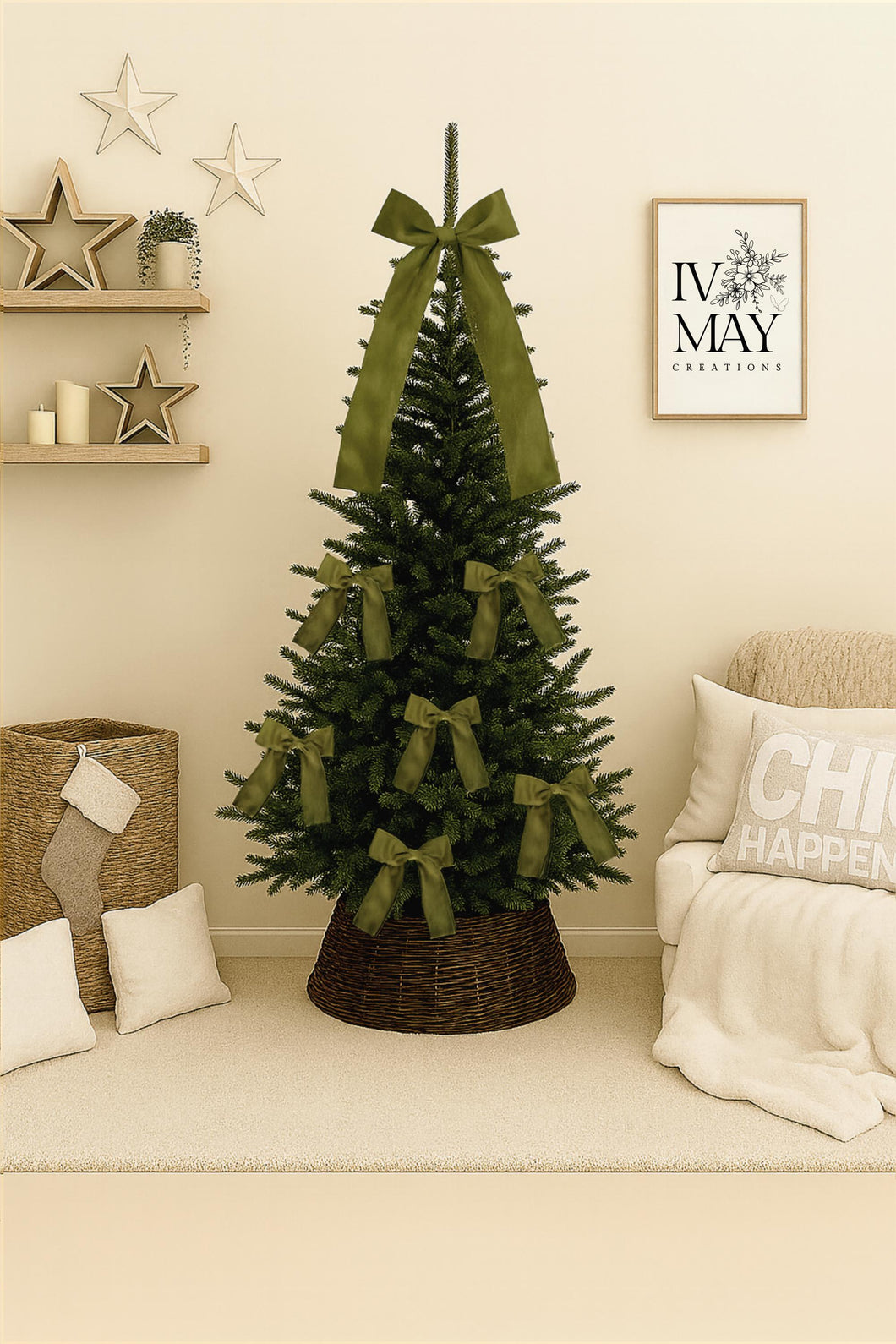 Luxury Handmade Velvet Christmas Tree Bow Topper: Olive Green Clip-On Decor