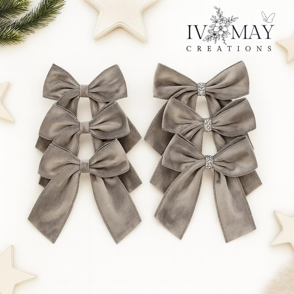 Luxury Handmade Velvet Christmas Tree Bows: Clip-On Tree Topper - Grey - Greyish