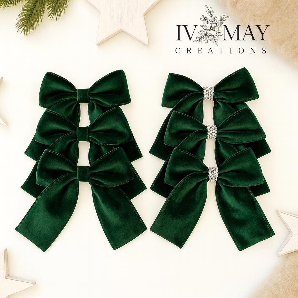 Luxury Handmade Velvet Christmas Tree Bows: Bottle Green Clip-On Decorations - Bottle Green - Forest Green