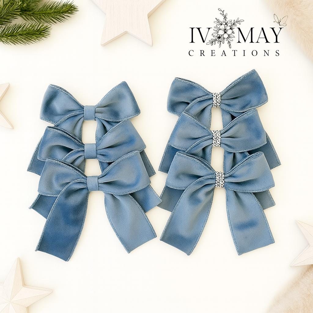 Luxury Handmade Velvet Christmas Tree Bows: Clip-On Decorations, Pale Blue - Dusty Blue